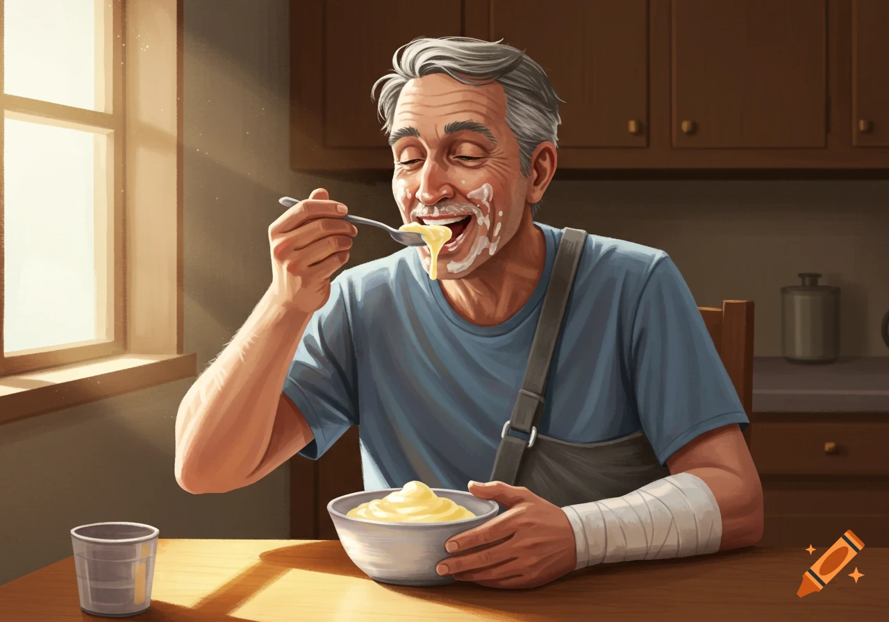 A man with his arm in a sling happily eats pudding.