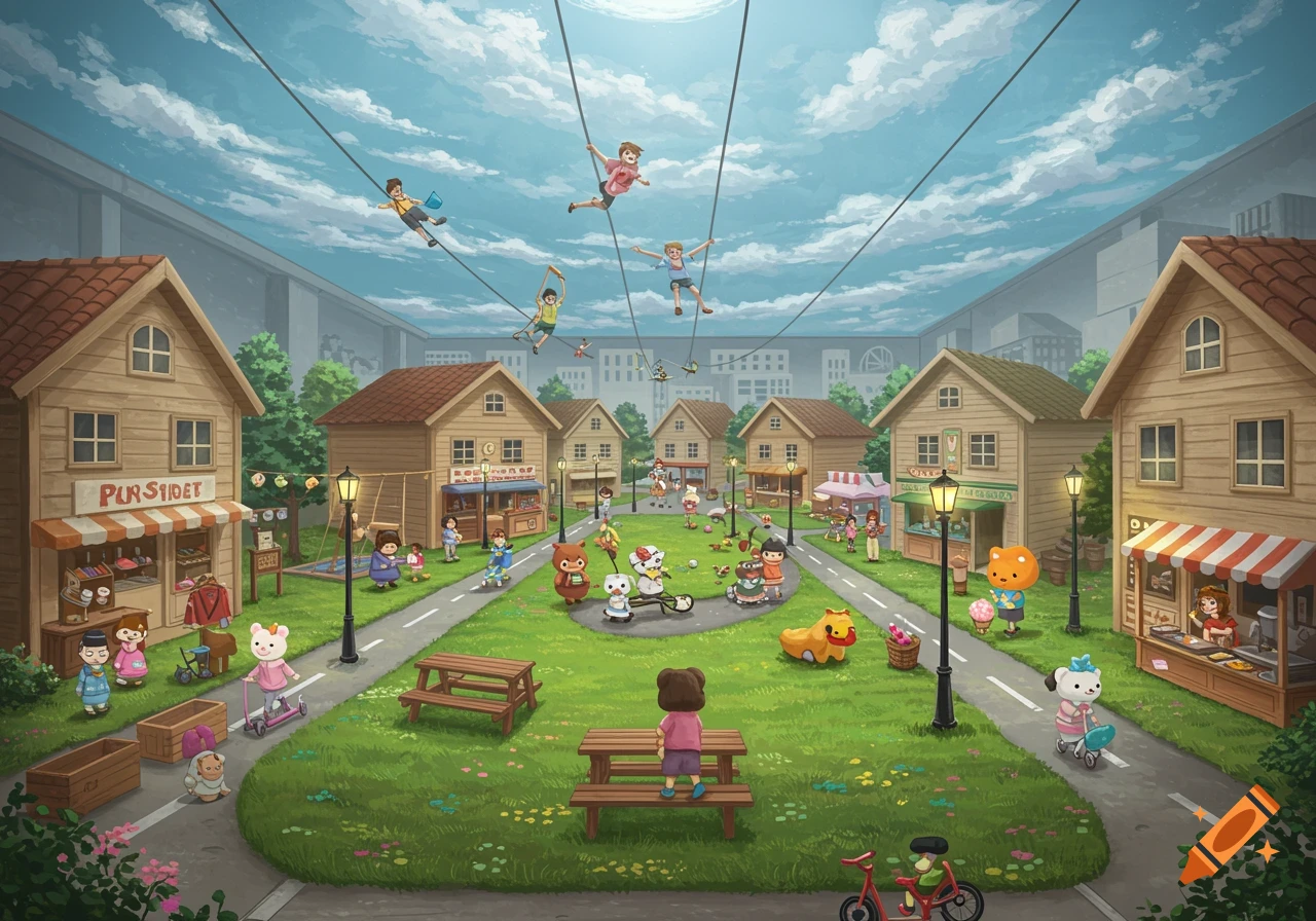 Cartoon illustration of a vibrant indoor town play area with shops, grass, and children and animal characters playing.