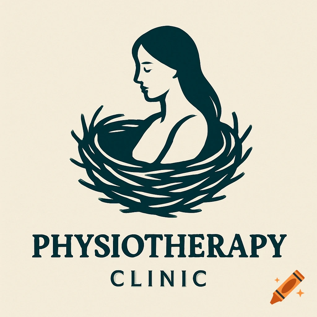 Logo for physiotherapy clinic with a stylized profile of a woman in a nest above the text 'PHYSIOTHERAPY CLINIC'.