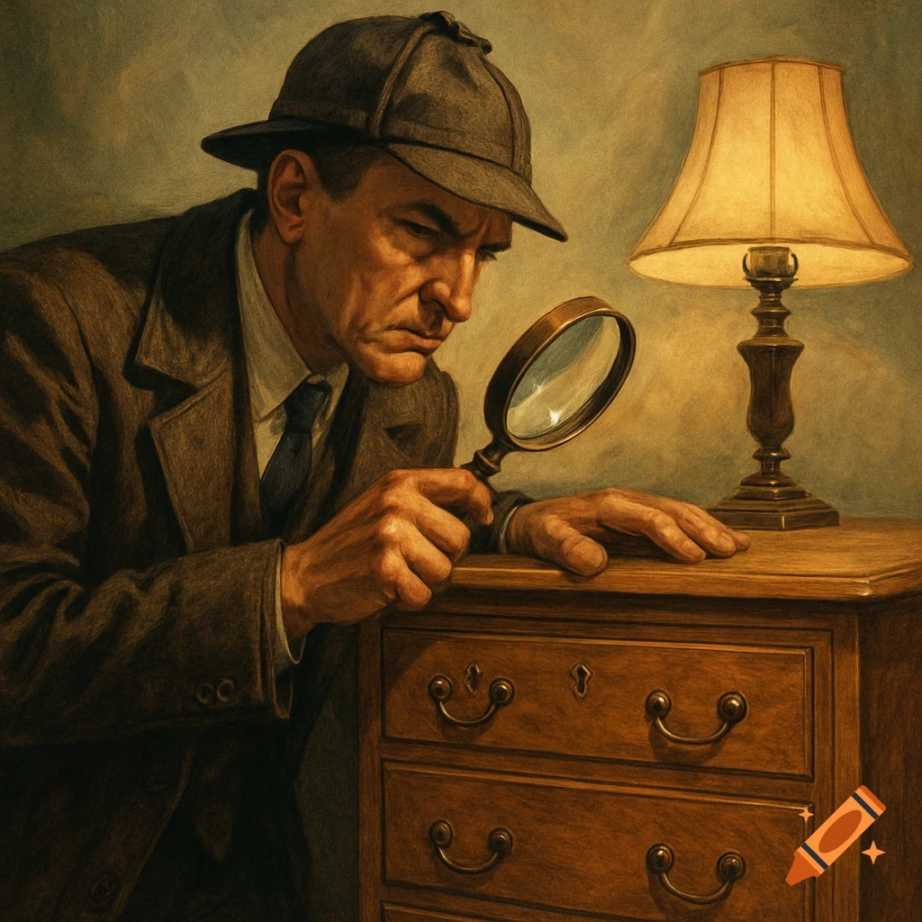 A man dressed as a detective examines a wooden chest of drawers with a magnifying glass under a lamp.