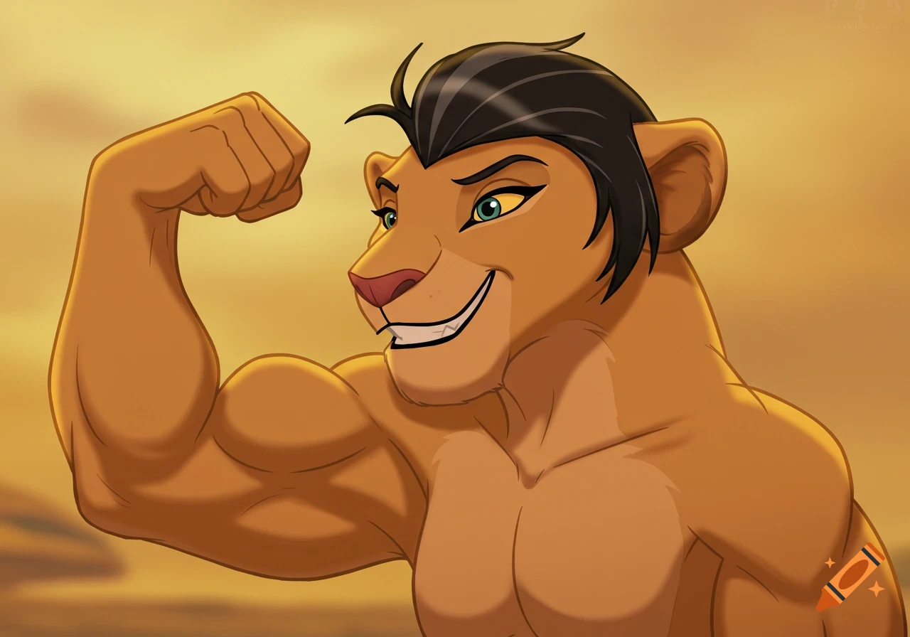 A muscular anthropomorphic lioness in a cartoon style flexes her bicep against a golden background.