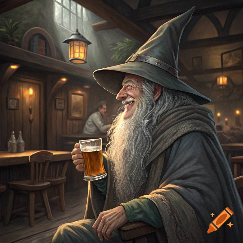 A happy wizard drinks a beer in a fantasy tavern.