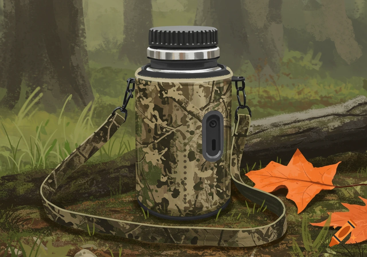 Camouflage drink bottle with a sling strap lying on the ground in a forest with fallen leaves.