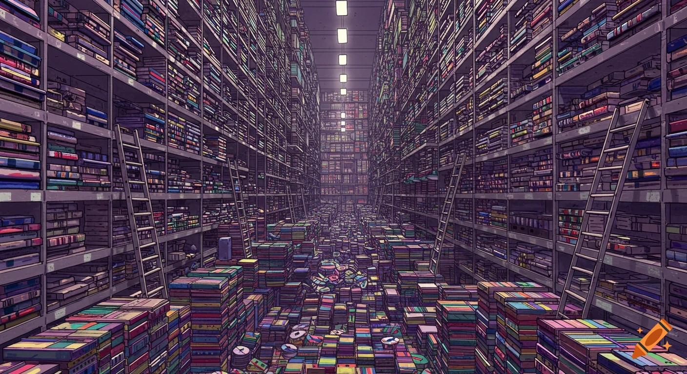 Vast warehouse filled with shelves and piles of colorful compact discs in an illustrative style