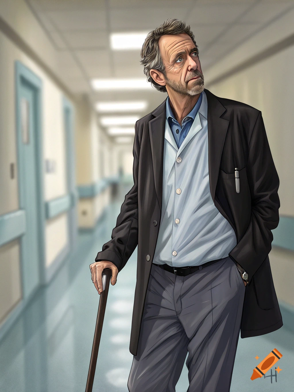 Illustration of Dr. House standing in a hospital hallway, leaning on his cane.
