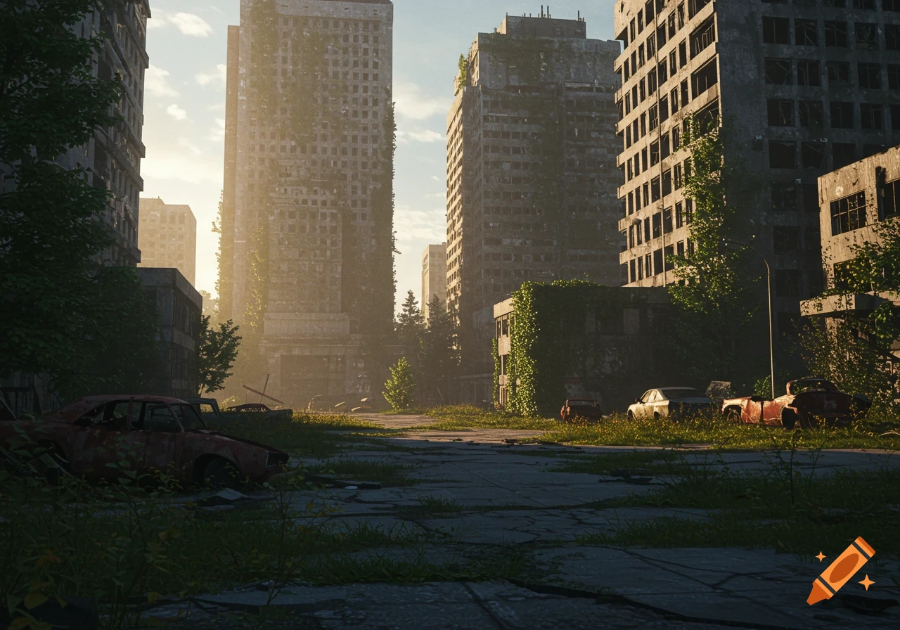 Abandoned city street with overgrown buildings and rusty cars in warm sunset light