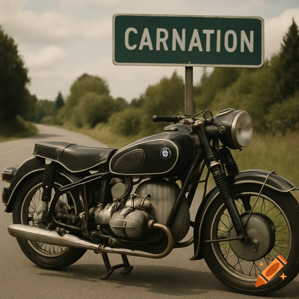 A vintage black motorcycle parked beside a green road sign that says CARNATION.