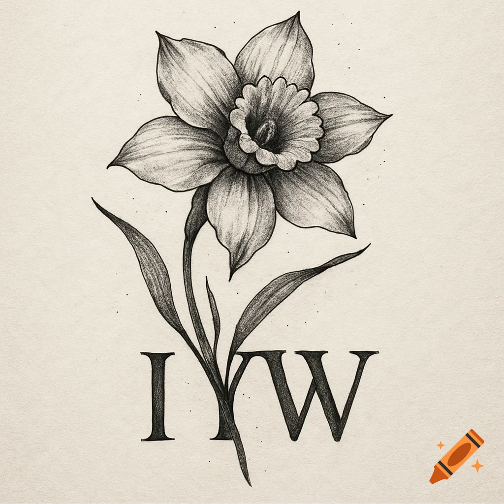 Black and white sketch of a daffodil flower in tattoo style with letters I and W below.