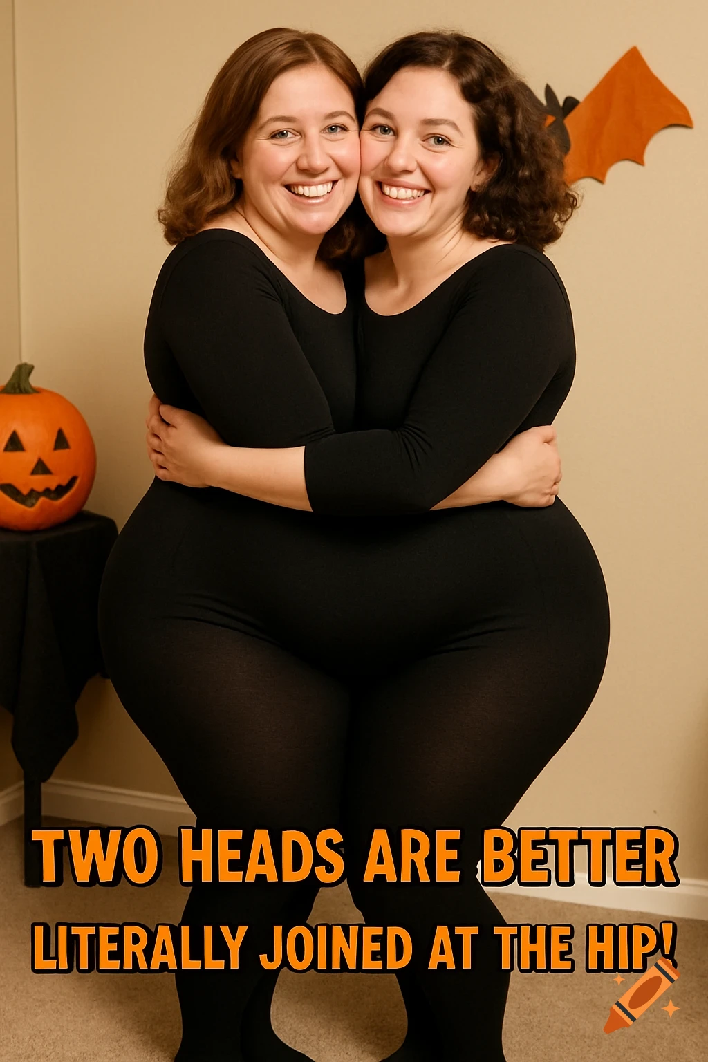 Two women in a black costume creating a two-headed person illusion, standing next to a pumpkin and bat decoration. Text says "TWO HEADS ARE BETTER LITERALLY JOINED AT THE HIP!"