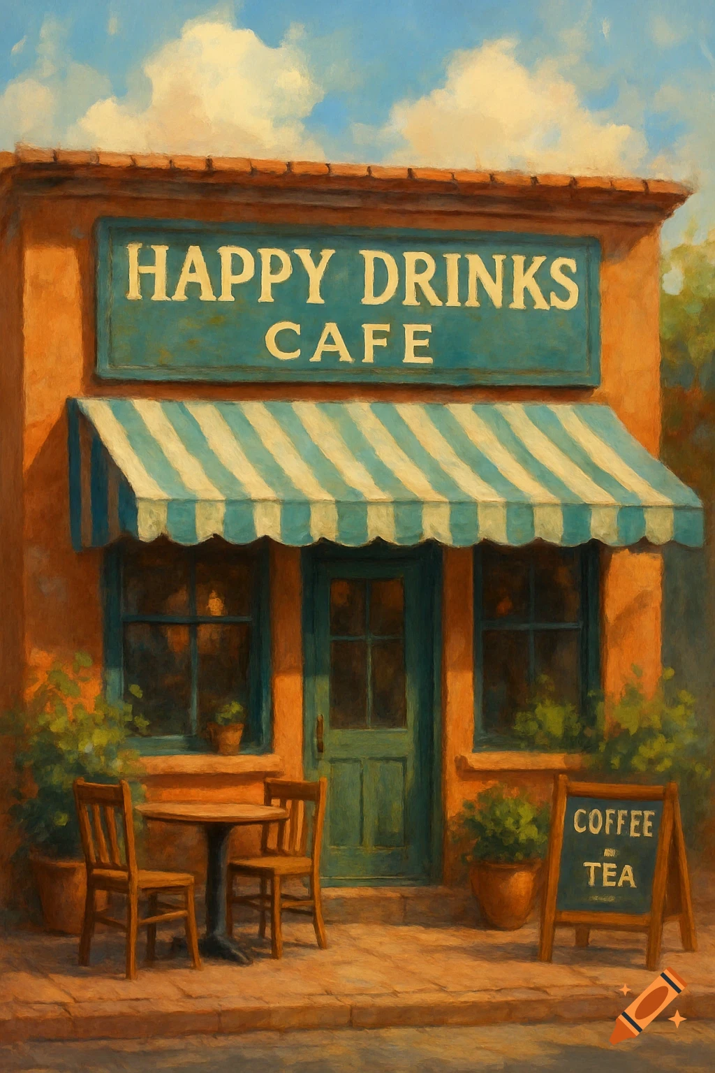 Painterly image of a cafe storefront with outdoor tables, chairs, and signs.