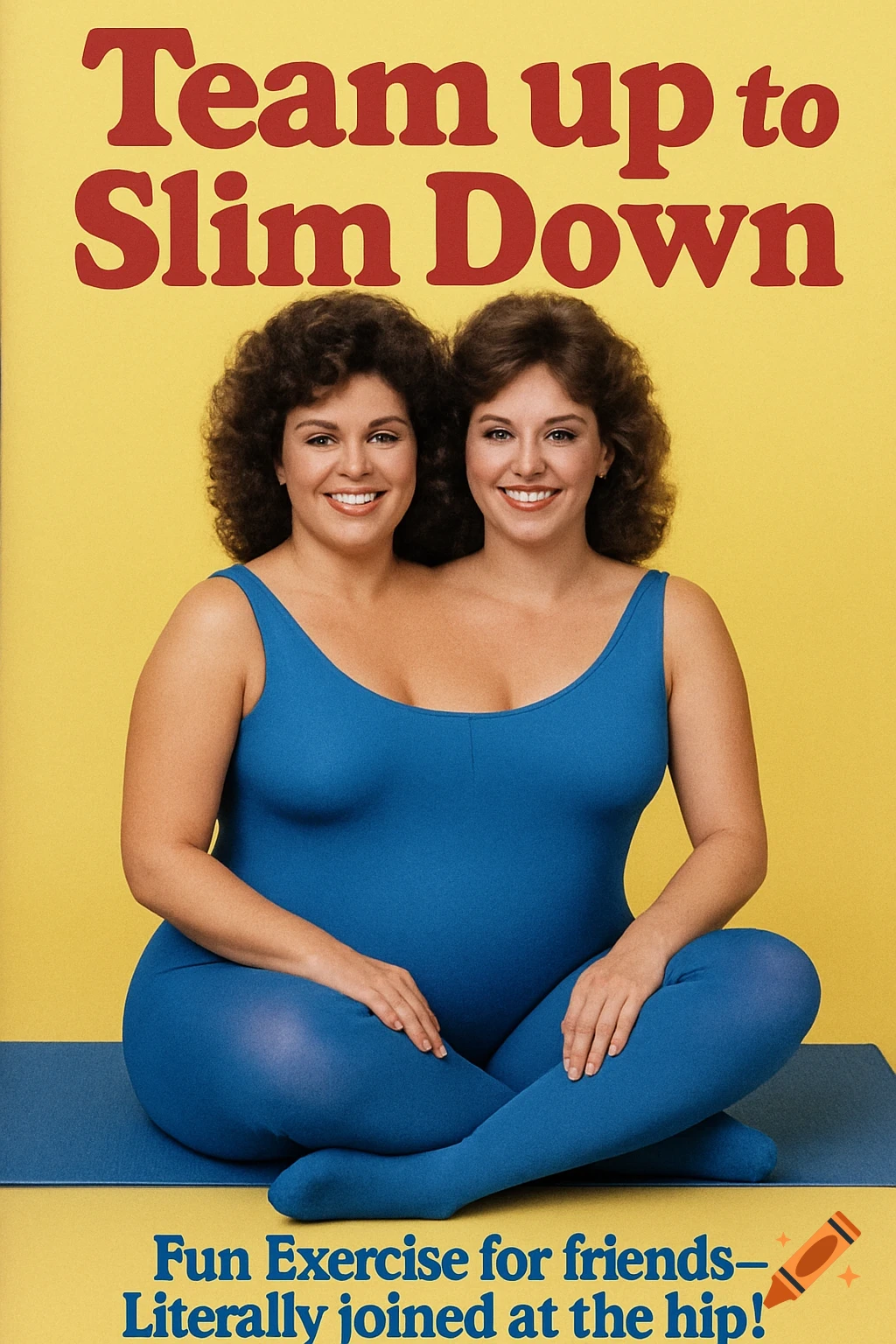A retro exercise poster showing two women merged at the hip in a blue leotard against a yellow background.