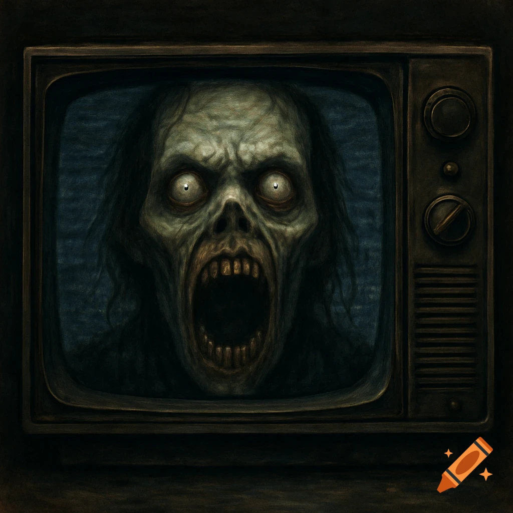A frightening zombie-like face on a vintage television screen in a dark room