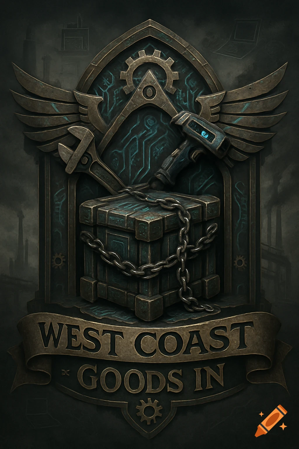 A gothic industrial emblem features a chained crate, crossed wrench and scanner, wings, and gears, with a banner reading "WEST COAST GOODS IN".