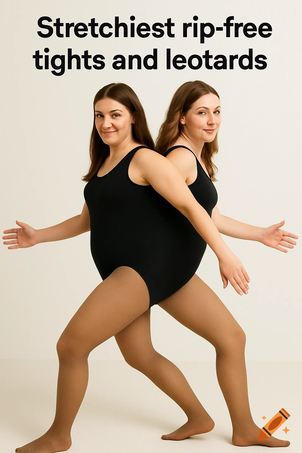 Two women in black leotards and tights merged back-to-back with text overlay saying "Stretchiest rip-free tights and leotards"