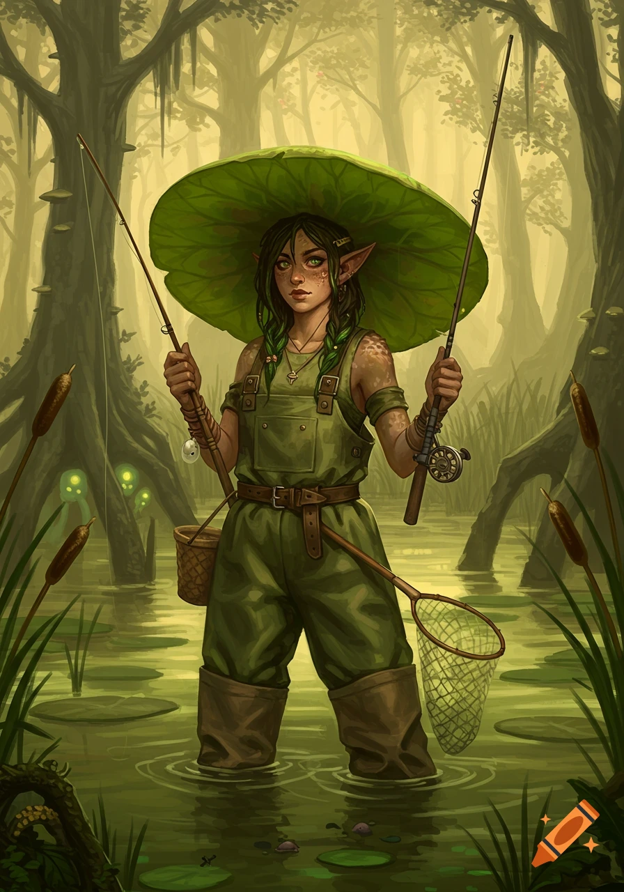 A fantasy illustration of a half-elf fisherwoman wearing a lily pad hat and waders, standing in a swamp and holding fishing rods.
