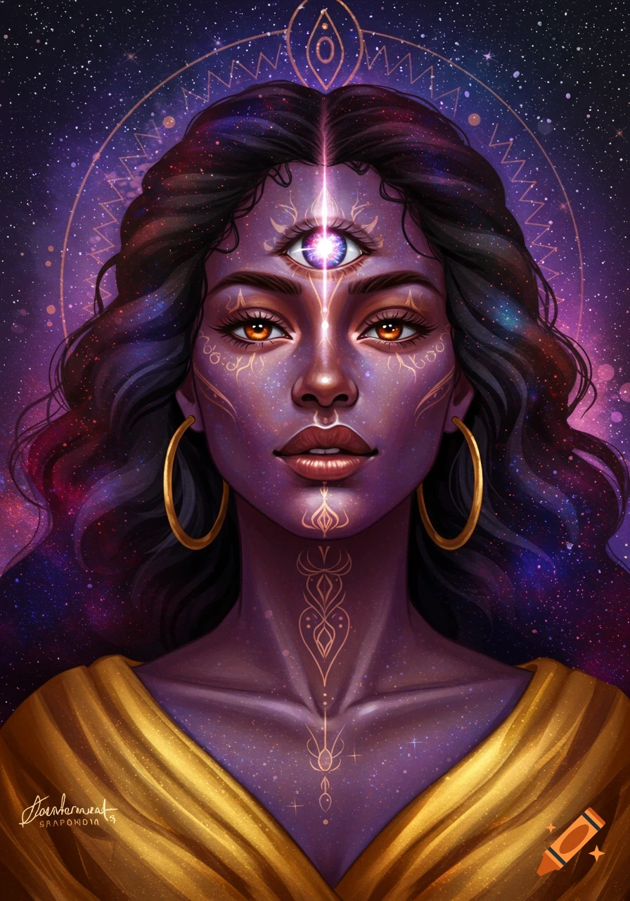 Portrait of a woman with galaxy-like purple skin, a third eye, and golden cosmic patterns against a starry background.