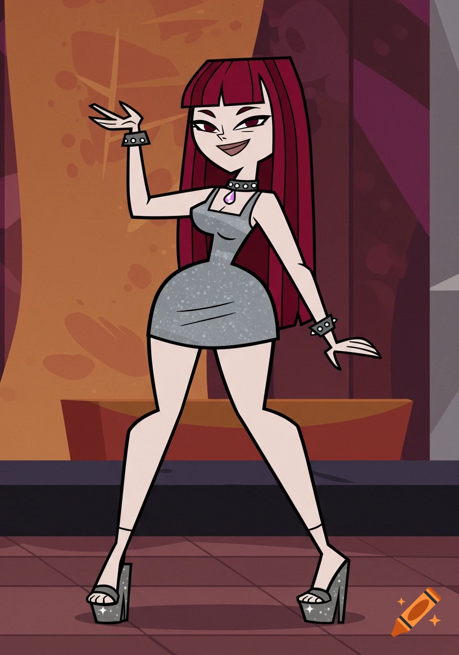 Cartoon female character in Total Drama style with long dark red hair wearing a silver dress and platform heels.