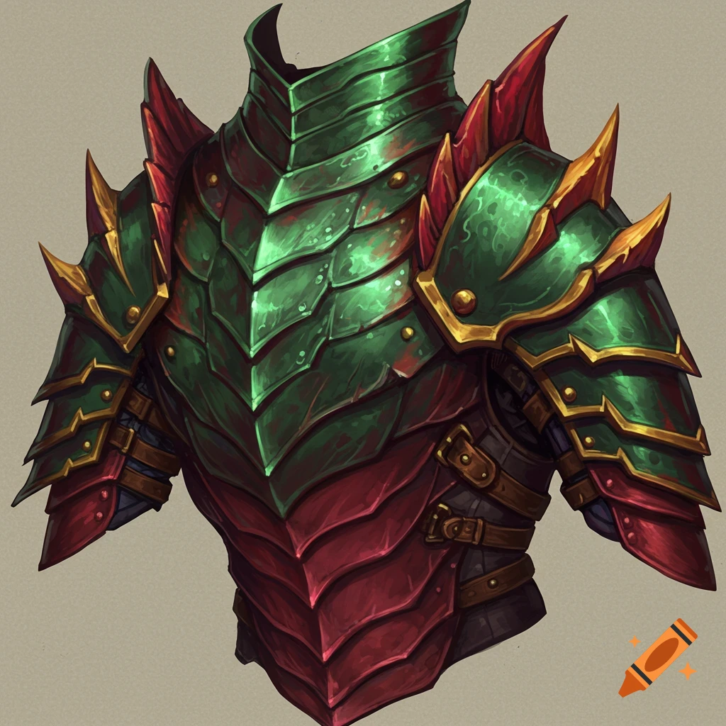 Fantasy scaled armor in green and red with gold trim.
