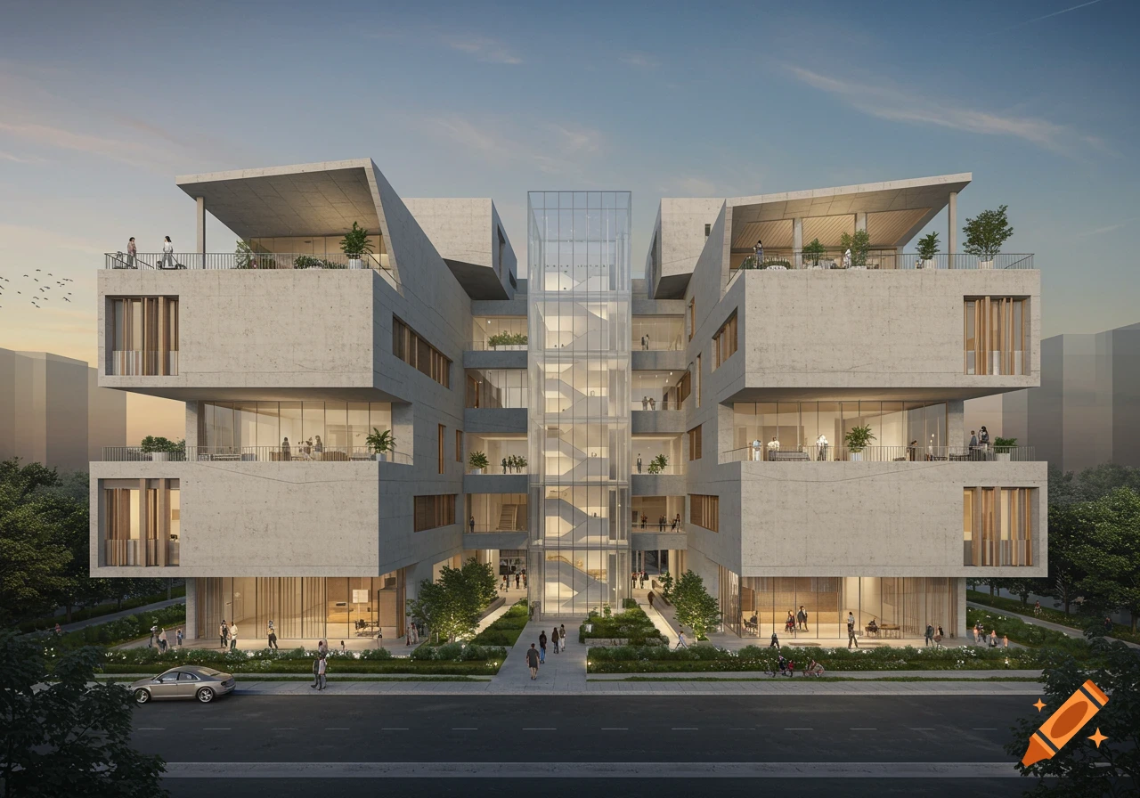 Realistic render of a modern, geometric concrete building with large glass windows and a central atrium, surrounded by landscaping.