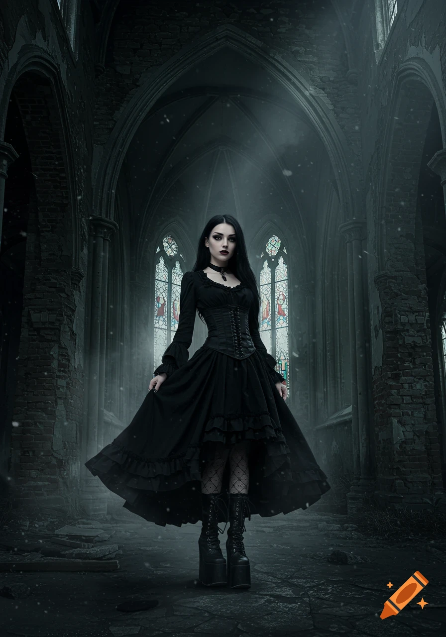 A goth woman in a black dress stands in an abandoned church with stained glass windows.