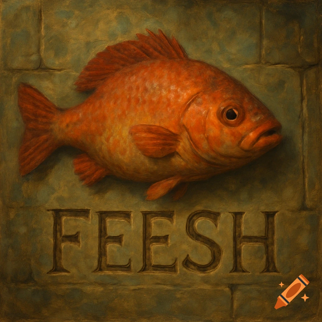 An orange fish depicted as a relief above the word 'FEESH' engraved in a stone wall.