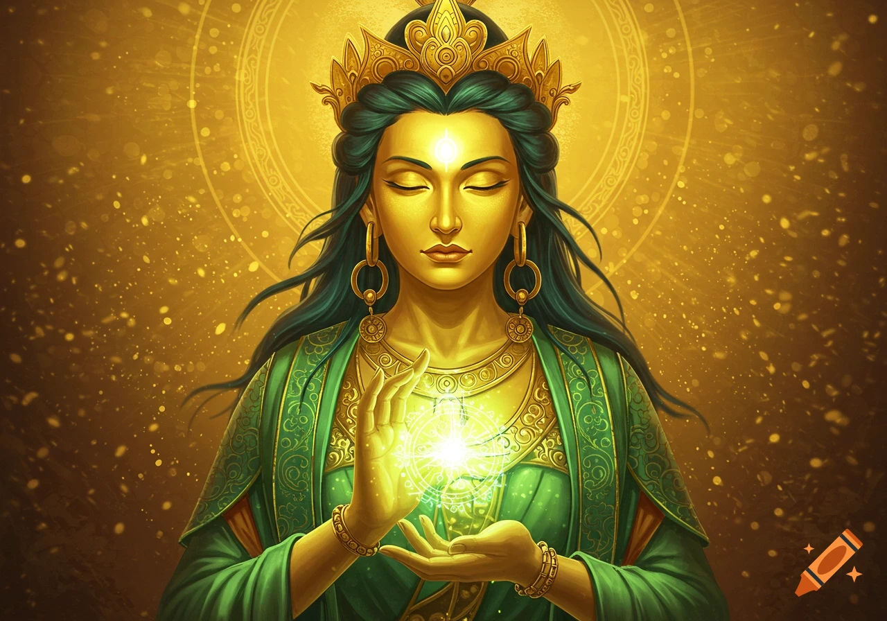 A golden woman in a green robe holds a glowing orb in a fantasy art style.
