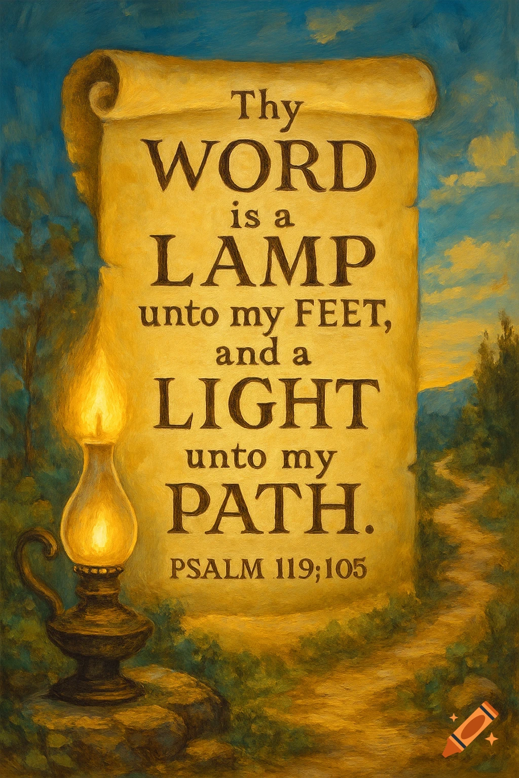 Painterly illustration of a scroll with Bible verse, a lamp, and a path.