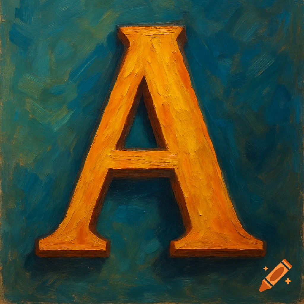 An orange capital letter A painted on a textured teal background.