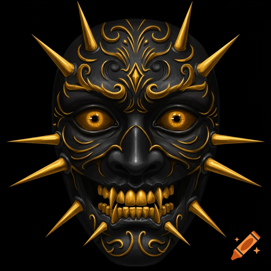 A black and gold demonic mask with spikes, fangs, and glowing yellow eyes.
