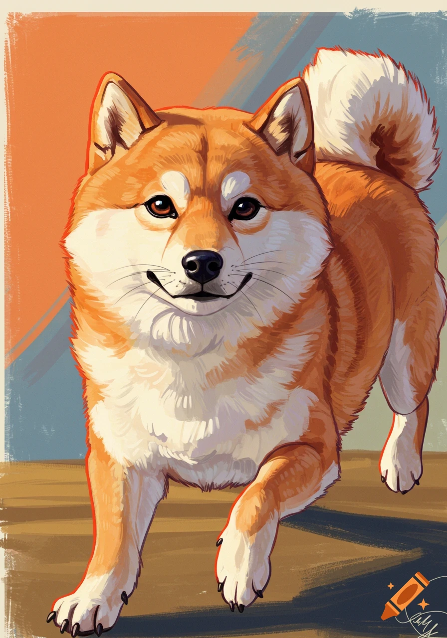 Painting of a Shiba Inu dog standing indoors with an orange and blue background.