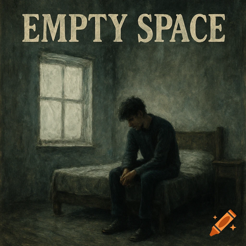 A man sits sadly on a bed in a dark room below the title 'EMPTY SPACE'. Moody, painterly style.
