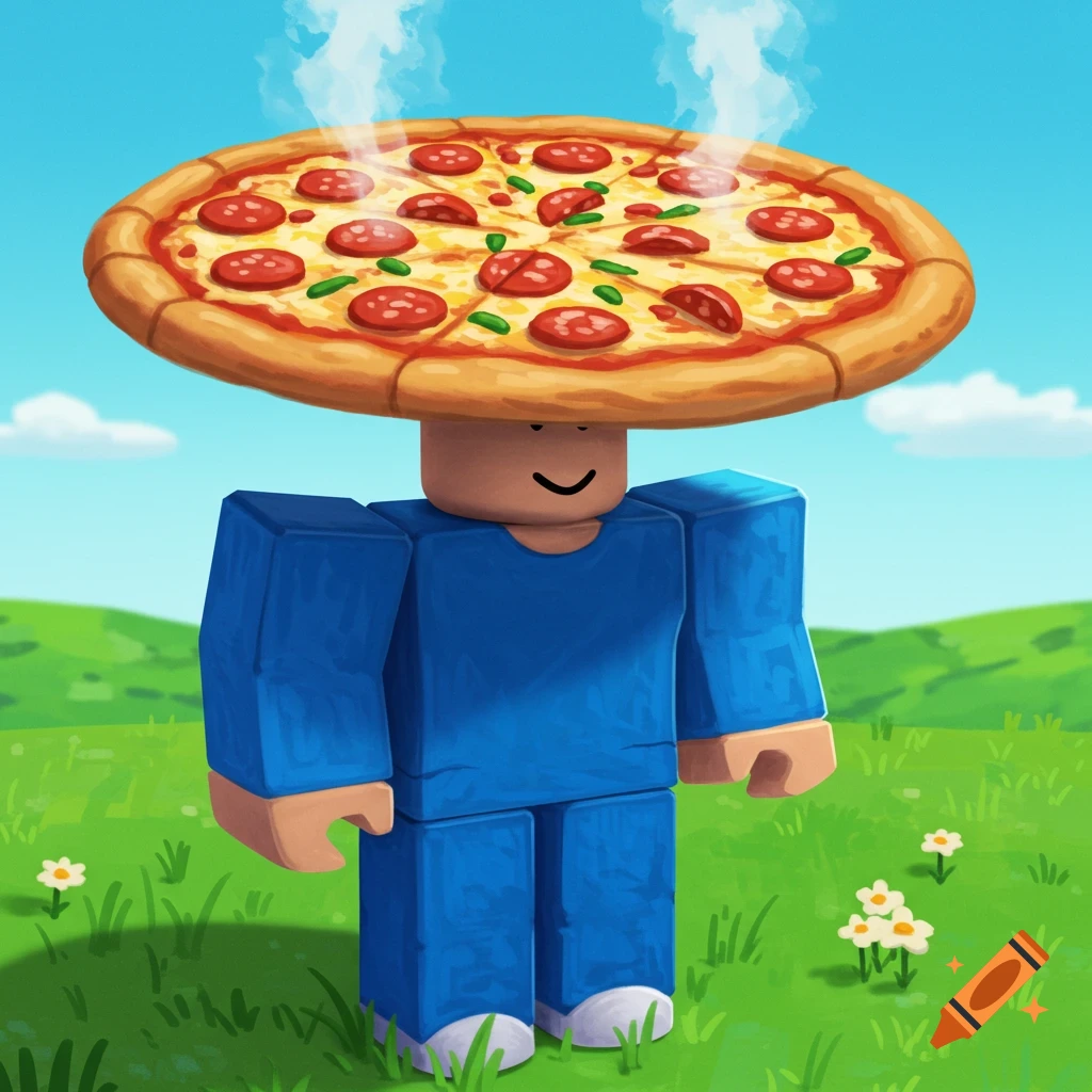 A Roblox character with a pizza on its head stands in a grassy field.