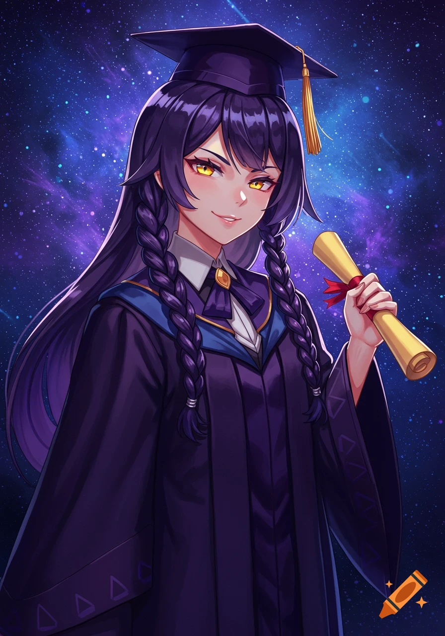 Anime girl in a purple graduation gown holding a diploma against a starry space background.