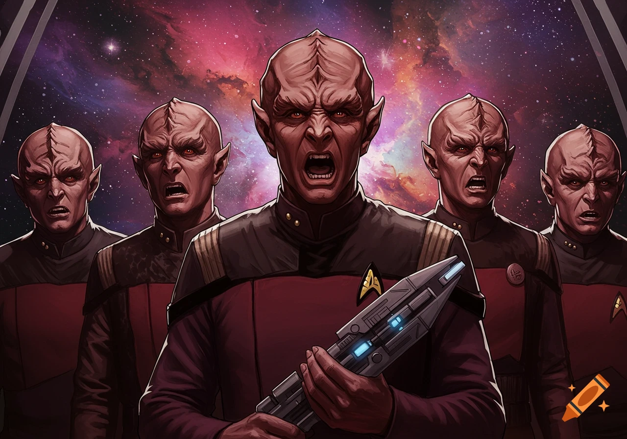 A group of angry-looking alien officers in red and black uniforms stand in space.