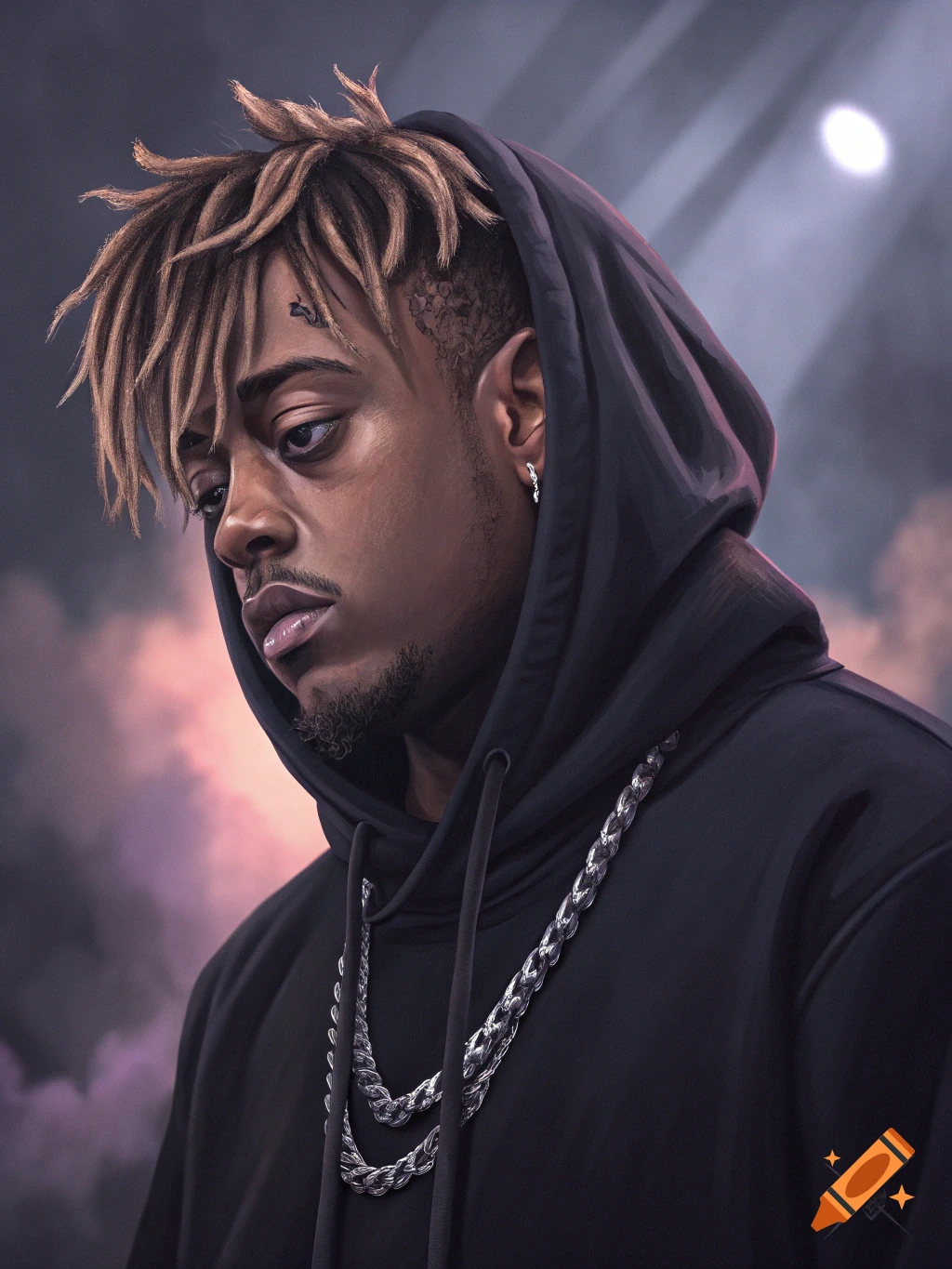 Realistic illustration of a man in a black hoodie and silver chains, with dreadlocks and a forehead tattoo, against a cloudy background.