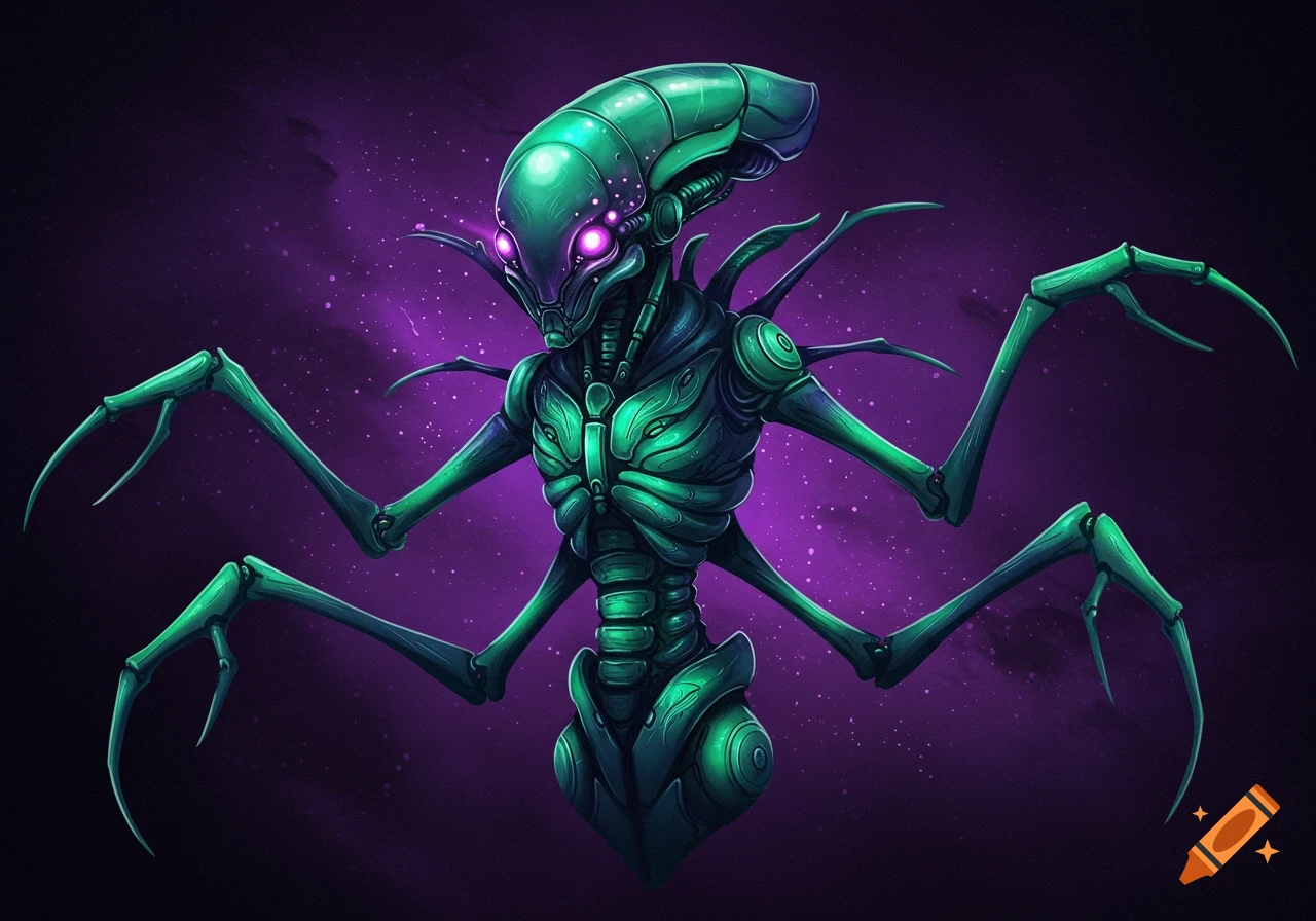 A detailed illustration of a green and purple alien robot creature against a dark, cosmic background.