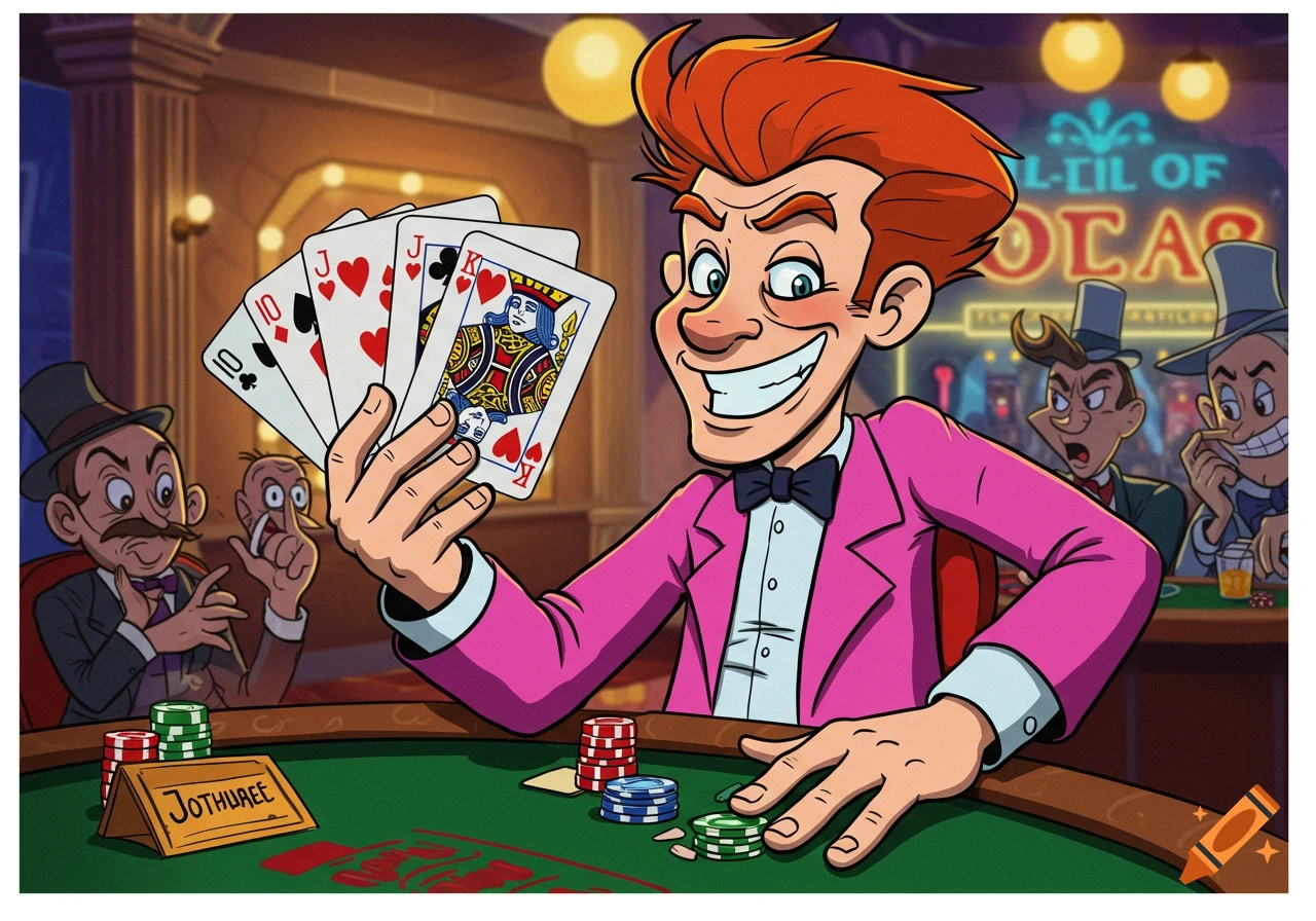 Cartoon man holding a winning poker hand in a casino
