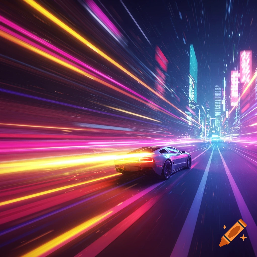 Futuristic car speeds through city at night with bright light trails.