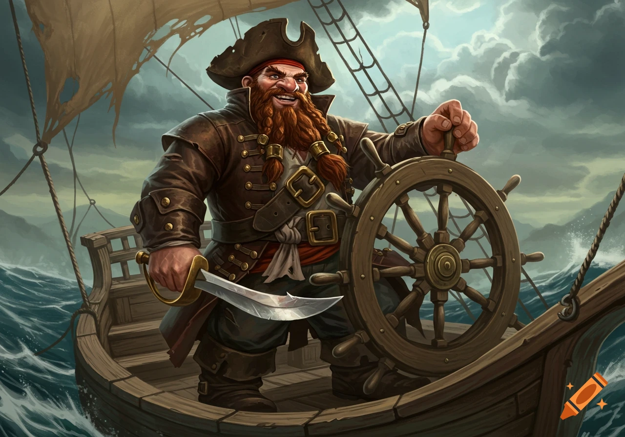 A dwarf pirate steers a ship during a storm, illustration style.