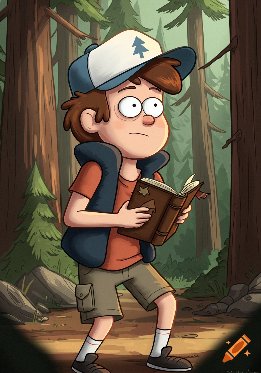 Cartoon character Dipper Pines in a forest looking at a book