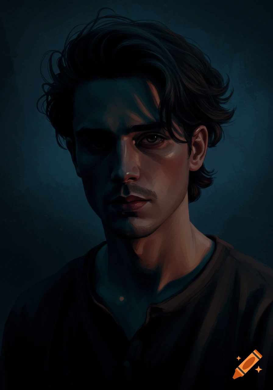 Digital painting portrait of a young man with dark hair, lit dramatically.
