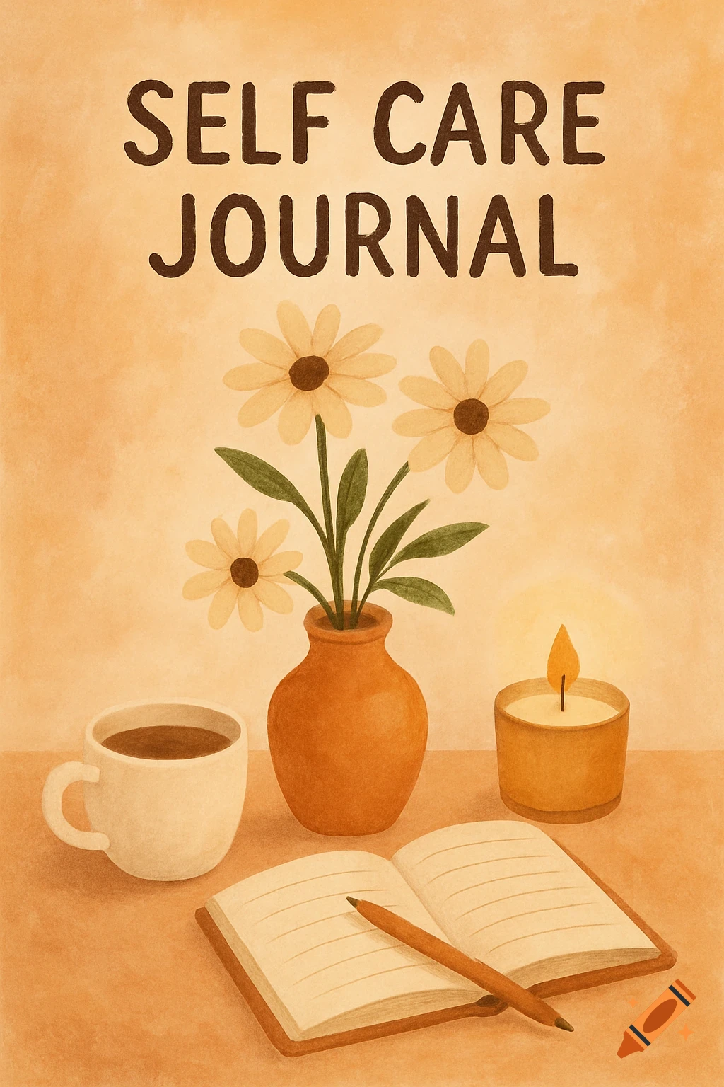 Watercolor illustration of a self-care journal cover with flowers, coffee, and a candle.