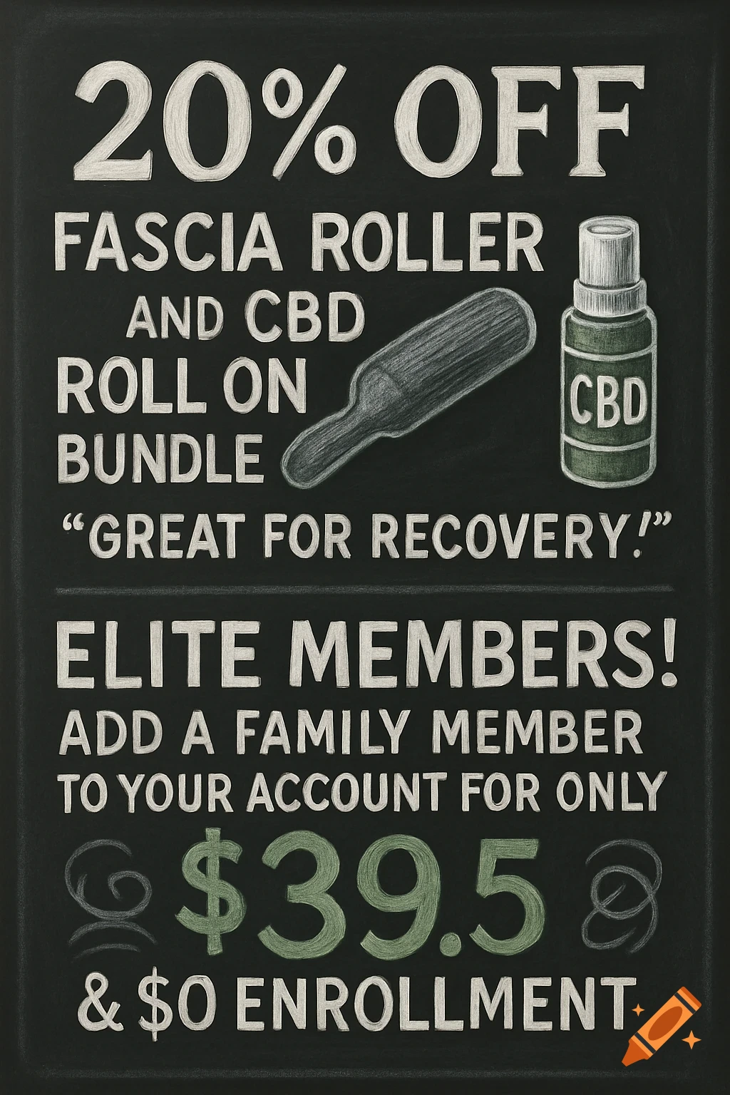 A chalkboard advertisement offering 20% off a fascia roller and CBD roll-on bundle, plus a family member add-on for elite members for $39.5 and $0 enrollment. It features chalk drawings of the products.