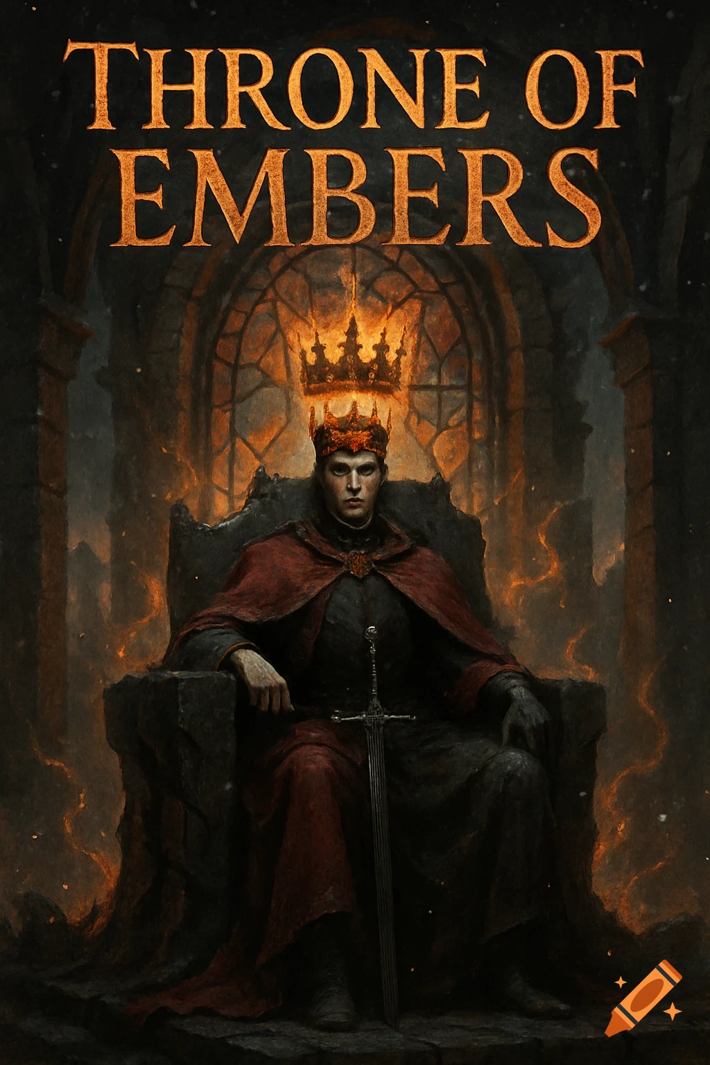 Dark fantasy art of a king on a fiery throne in a ruined hall with 'THRONE OF EMBERS' title.
