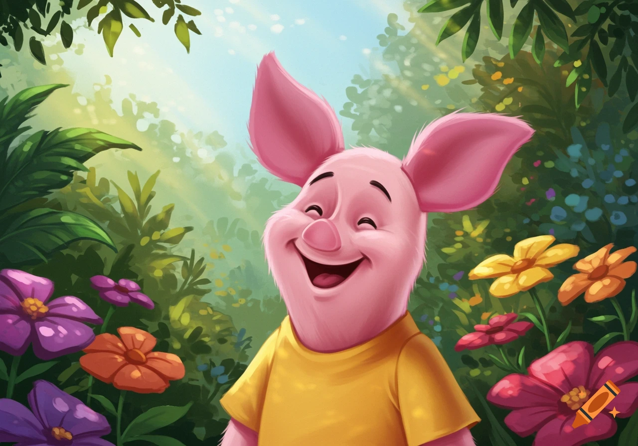 Piglet smiles happily in a sunny garden among flowers and plants.