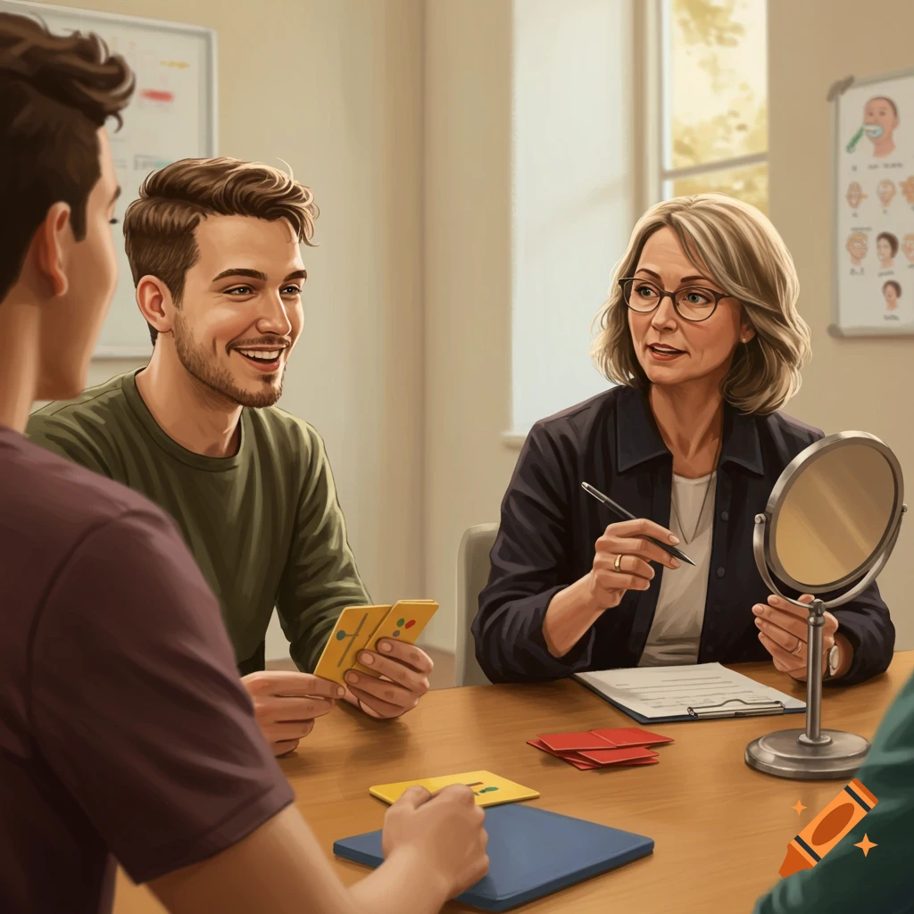 People in a room discussing, one person holds a mirror and pen.