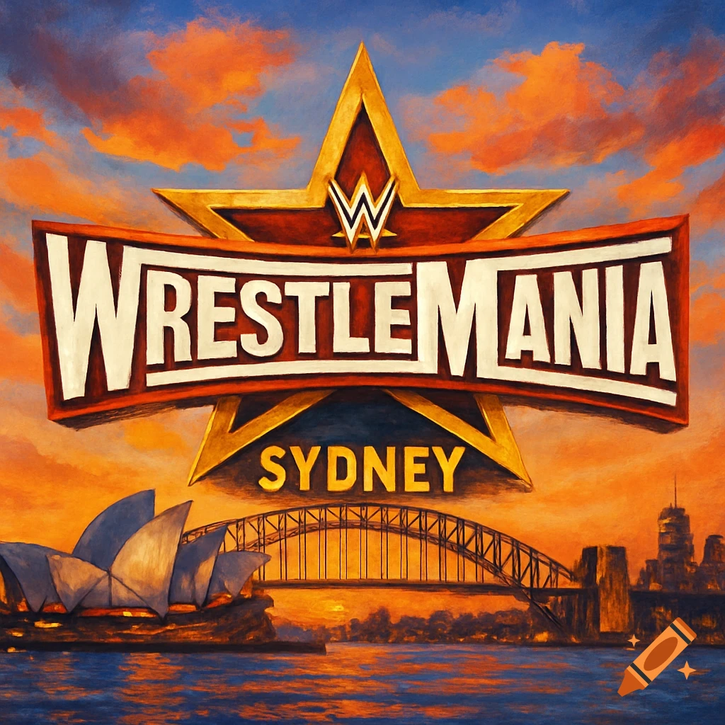 Wrestlemania logo over Sydney Opera House and Harbour Bridge at sunset, painterly style.