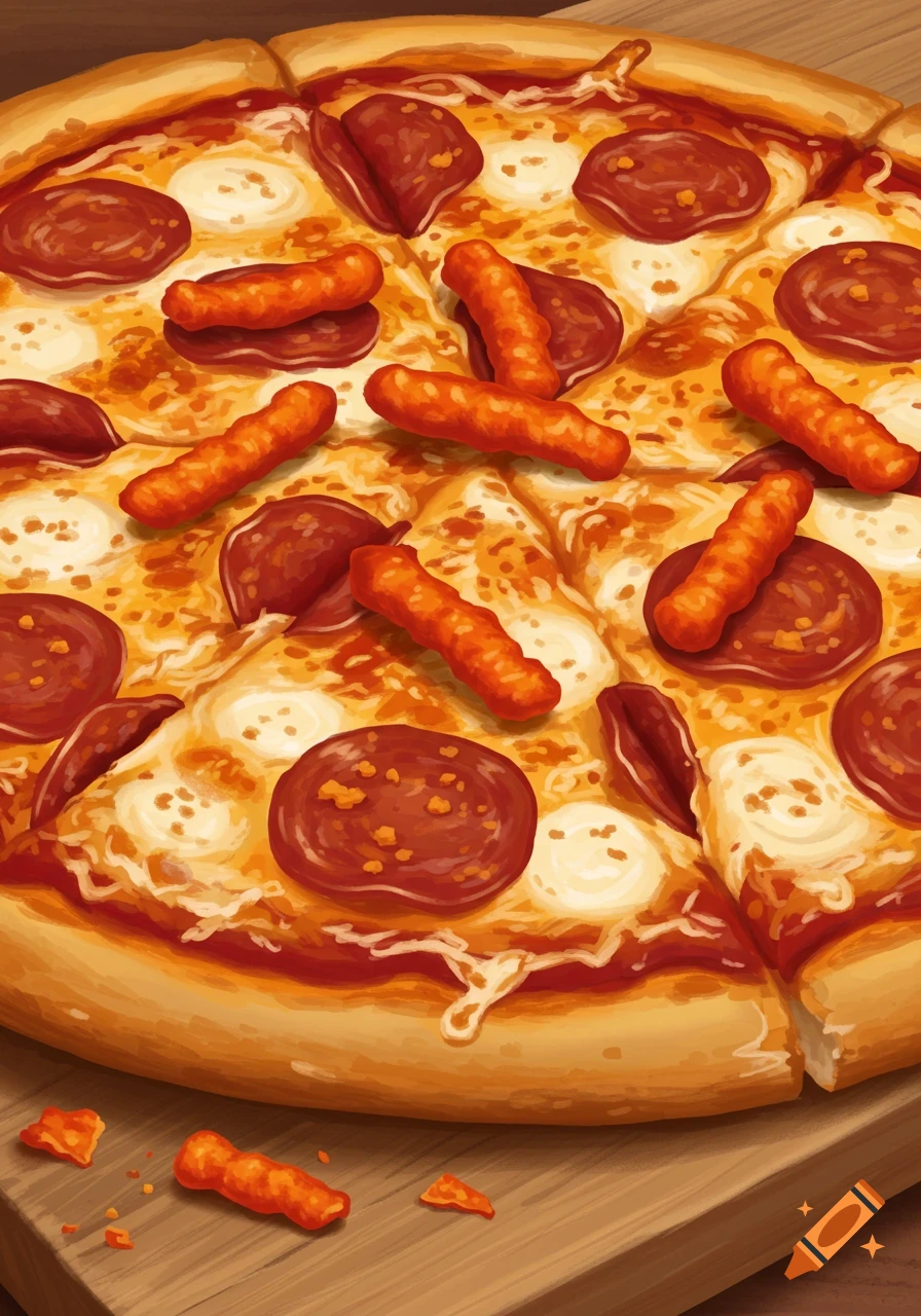 A close-up, top-down view of a stylized pizza topped with pepperoni and bright orange Cheetos.