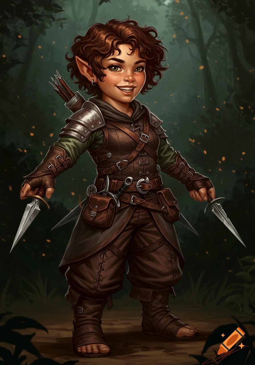 Fantasy illustration of a halfling rogue standing in a forest with daggers, wearing leather armor.