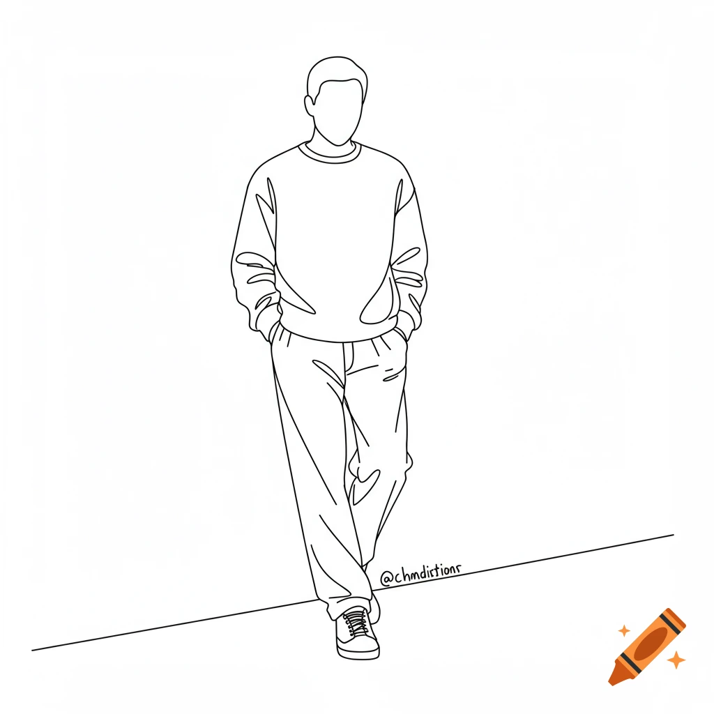 Line drawing of a person walking with hands in pockets